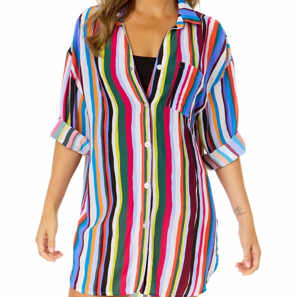 Anne Cole Easy Breezy Stripe Button Down Shirt Swimsuit Cover up multicolor - XS